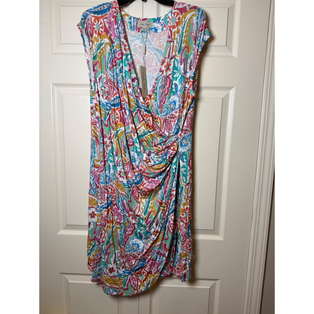 Charlie Paige Women XL Paisley Faux Wrap Ruched Sheath Dress NWT Multicolor